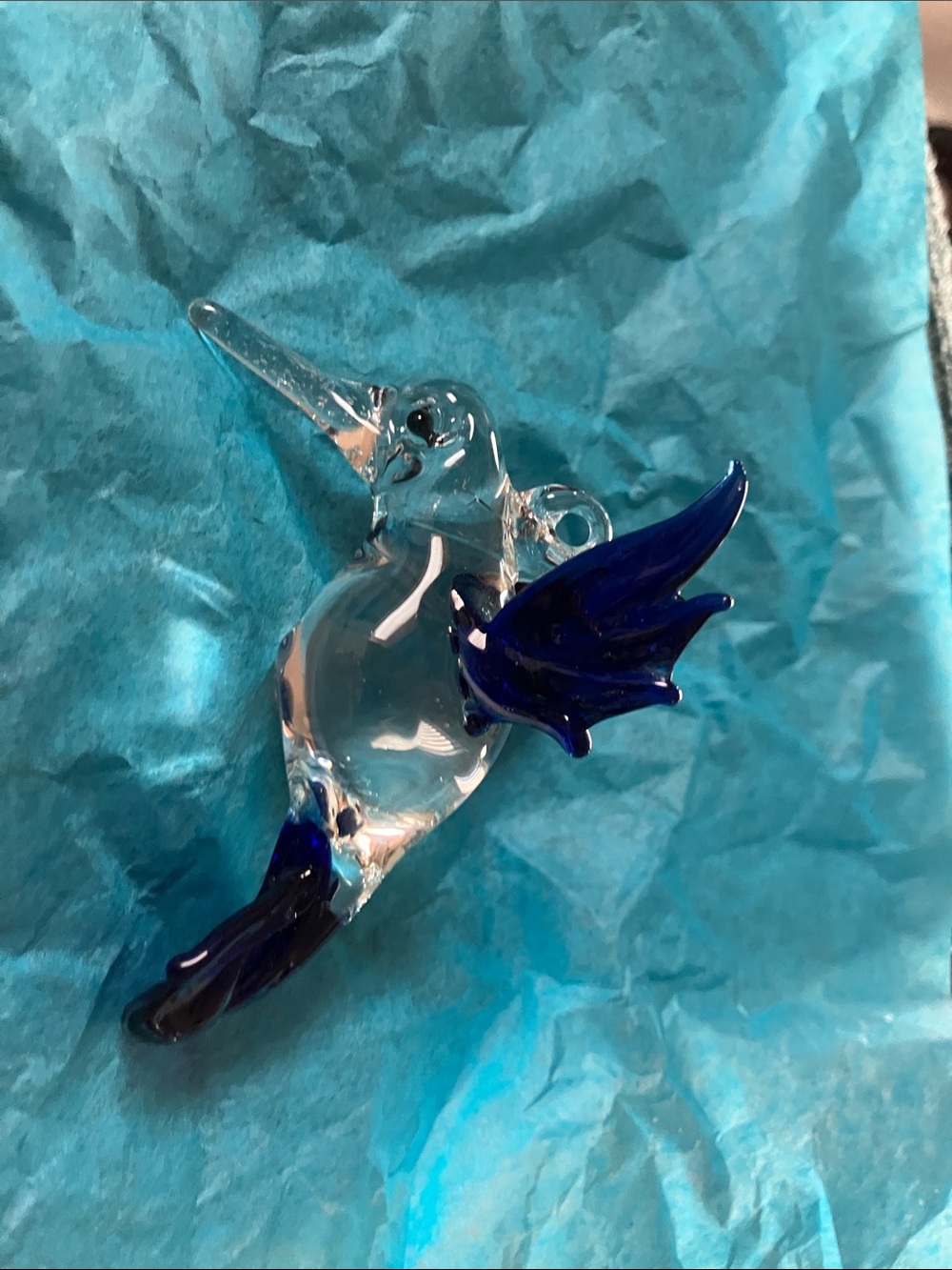 Hand-Blown Glass Hummingbird Ornament in Clear and Deep Blue - Decorative Bird